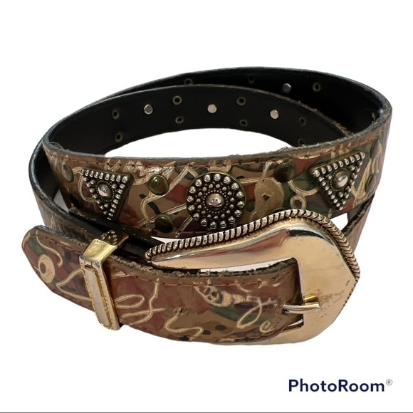 Elite Accessories - Elite Abstract Print Belt with Silver Tone Accents Sz Small